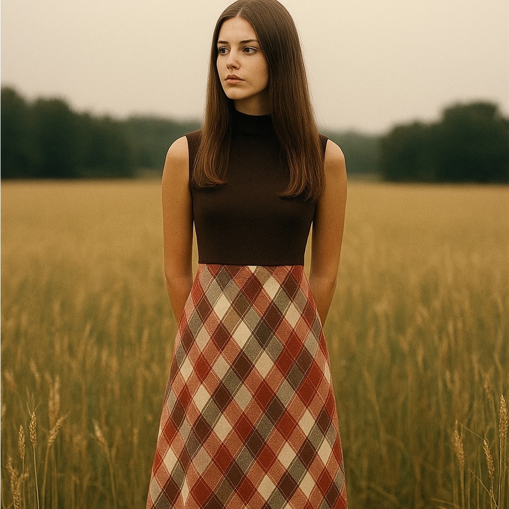 vintage 70s maxi dress S hippie brown turtleneck tartan plaid